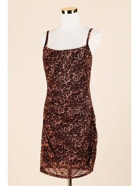 Sz L Popilush Shapewear Mesh Tummy Control Leopard Print Braless Slip Dress EUC
